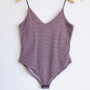 Gaze Pink White Black Striped V-Neck Tank Bodysuit